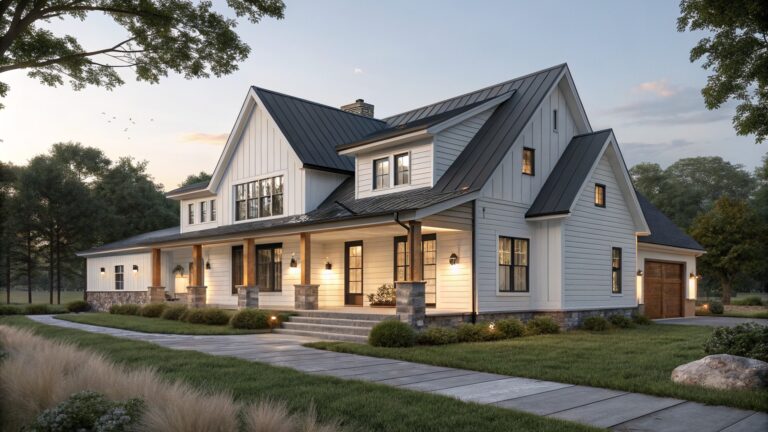 Two-story white board and batten house with black metal roof, covered front porch, stone accents, attached garage with wood door, landscaping, and driveway at dusk.