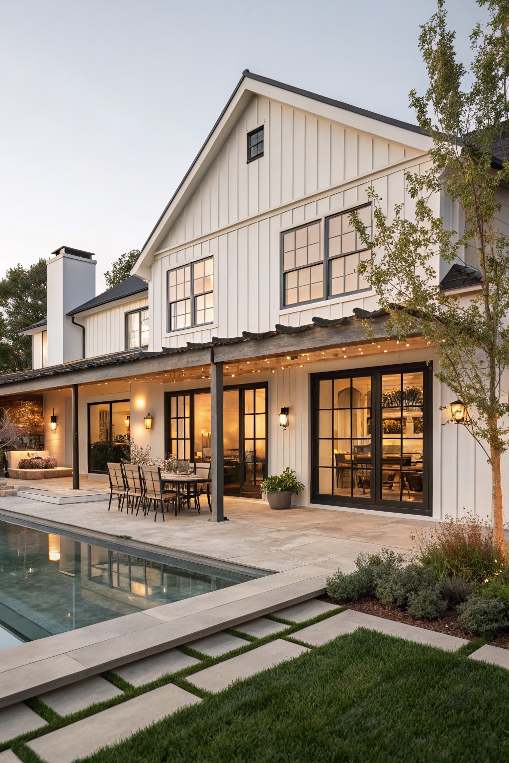 Rear exterior of a two-story modern farmhouse with white vertical board and batten siding, black-framed multi-pane windows and sliding glass doors opening to a covered wooden pergola patio with dining table and chairs next to a rectangular pool, landscaped with grasses and trees at dusk.