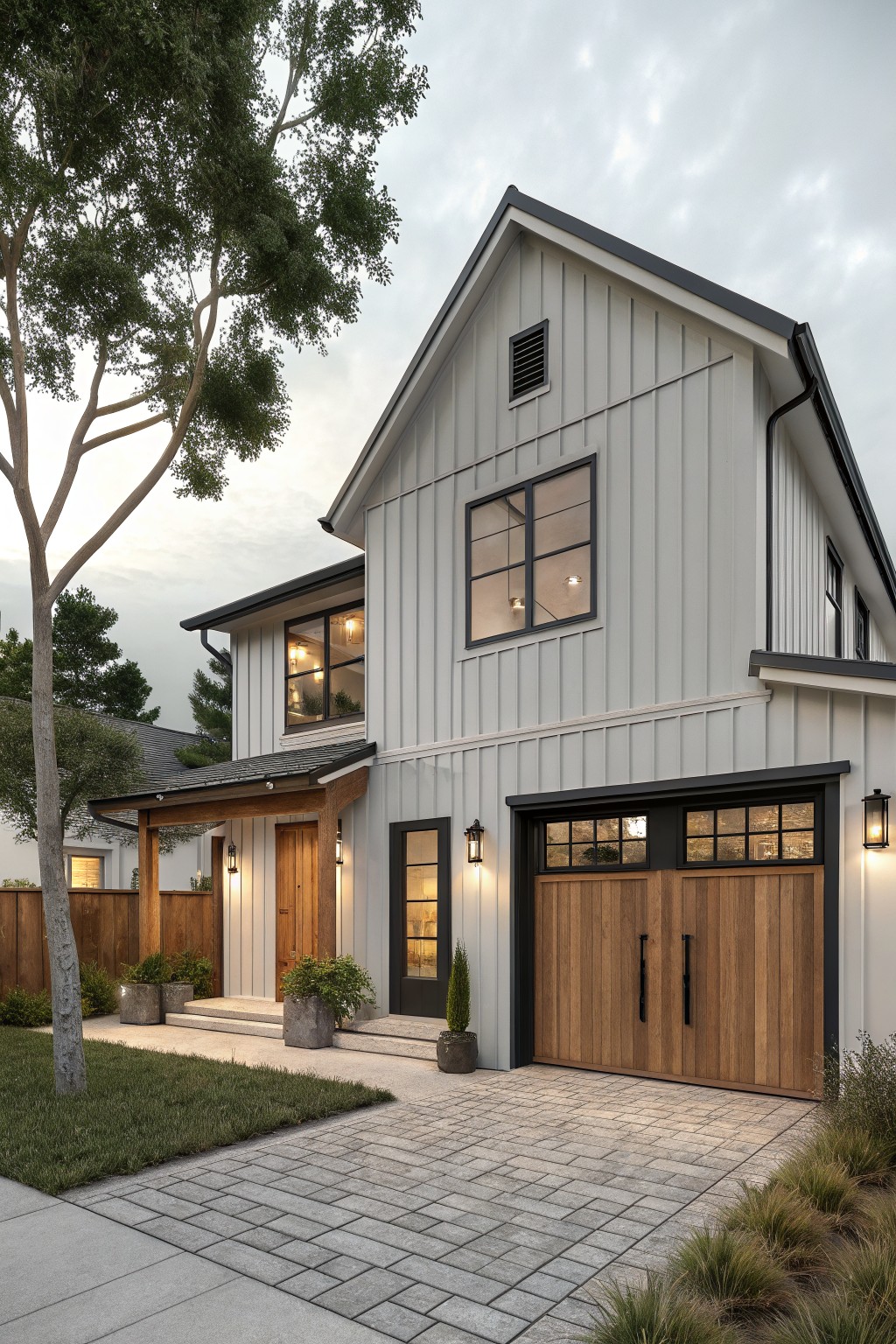 Two-story modern farmhouse exterior with white board and batten siding, black-framed windows and doors, wooden double garage doors, covered front porch with steps, potted plants, and lawn with trees.