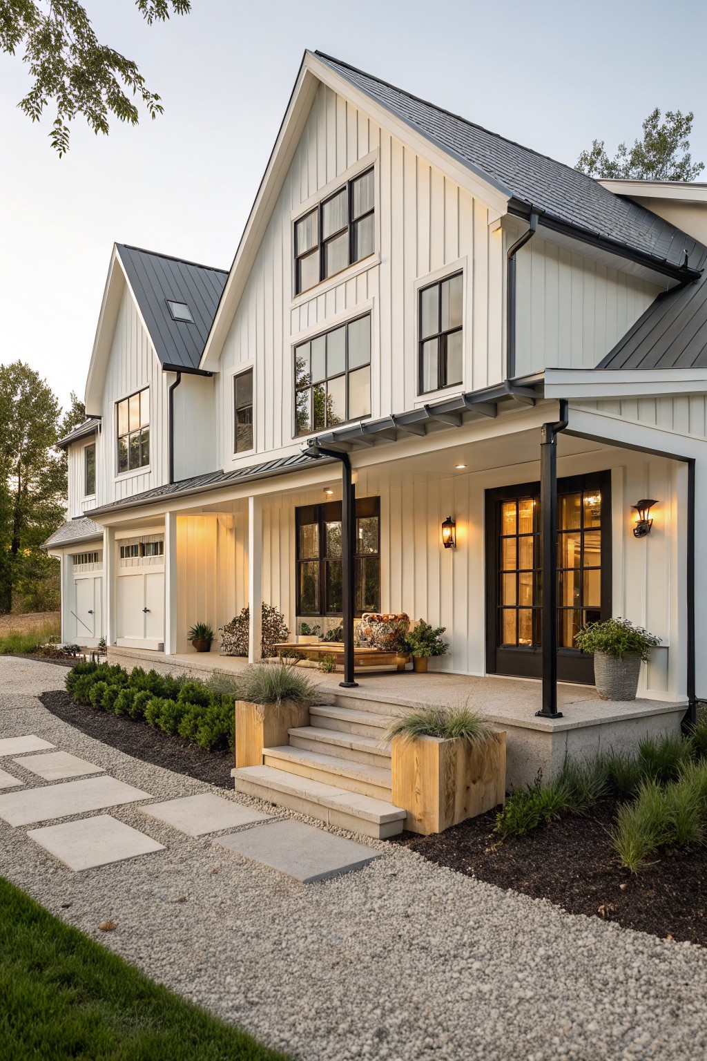 White board and batten sided modern farmhouse exterior featuring steep gabled black metal roofs, covered front porch with black doors and lanterns, attached white garage, concrete steps, potted plants, boxwoods, gravel path, and stepping stones at dusk.
