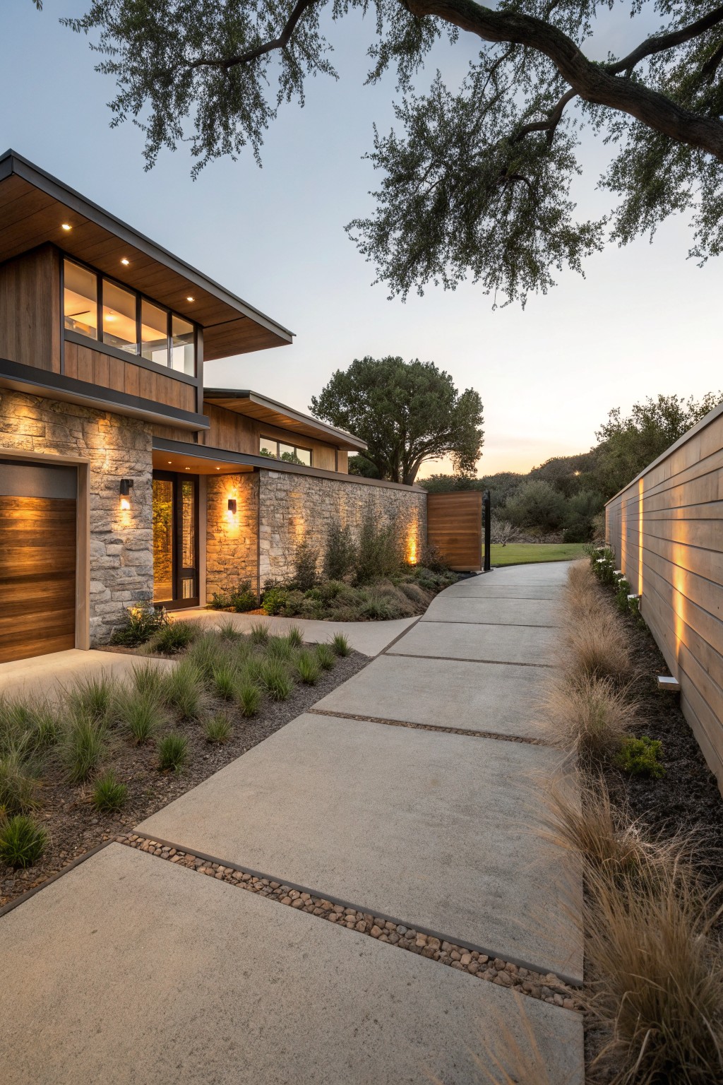 Modern house exterior featuring a garage door, entry with stone walls, wooden gate, concrete pathway with pebble borders and grass plantings along the sides, viewed at dusk.