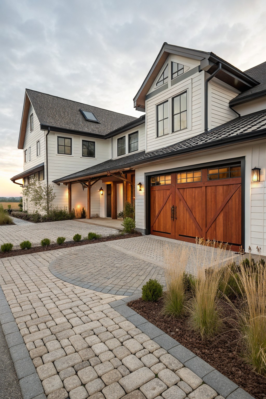 White modern farmhouse exterior with black trim and gabled roof, curved light paver driveway with dark borders forming a circular apron at a large wooden garage door, edged by shrubs and ornamental grasses, lantern lights on at dusk.