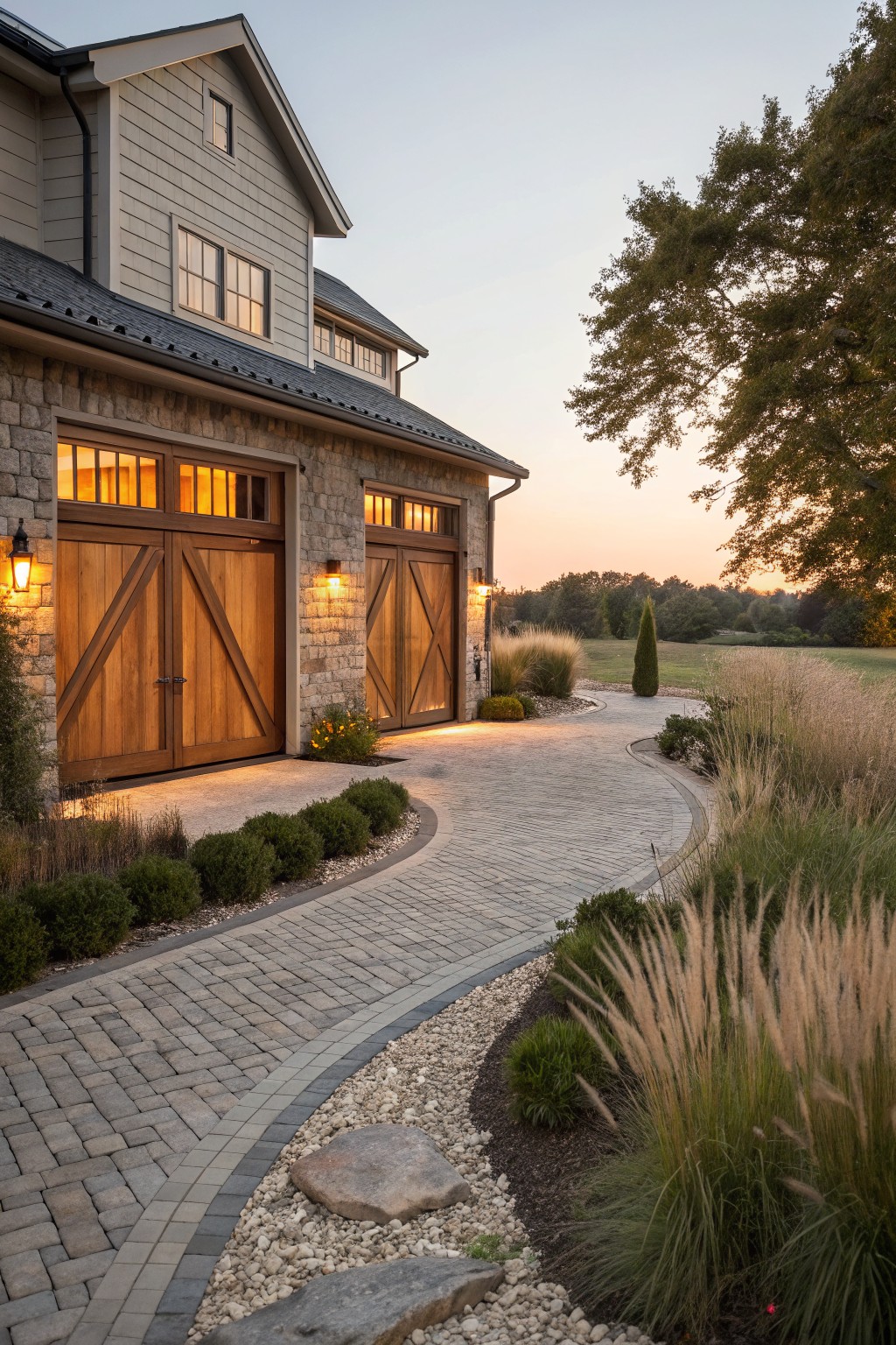 Side view of a modern farmhouse garage with wooden double doors on a stone base, lit path curving from concrete driveway through gravel and ornamental grass beds edged in brick pavers, surrounded by shrubs and trees at dusk.