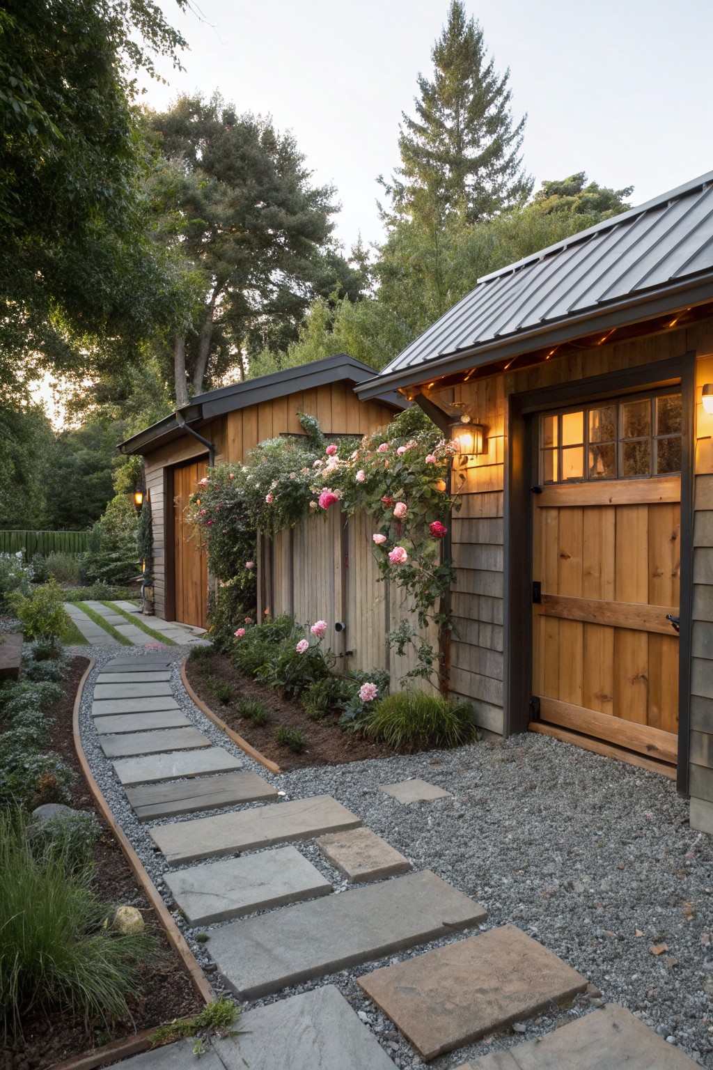 Curved pathway of irregular gray stone slabs bordered by gravel leads to a wooden garage door on a shingle-style shed with climbing pink roses on a fence and surrounding greenery.
