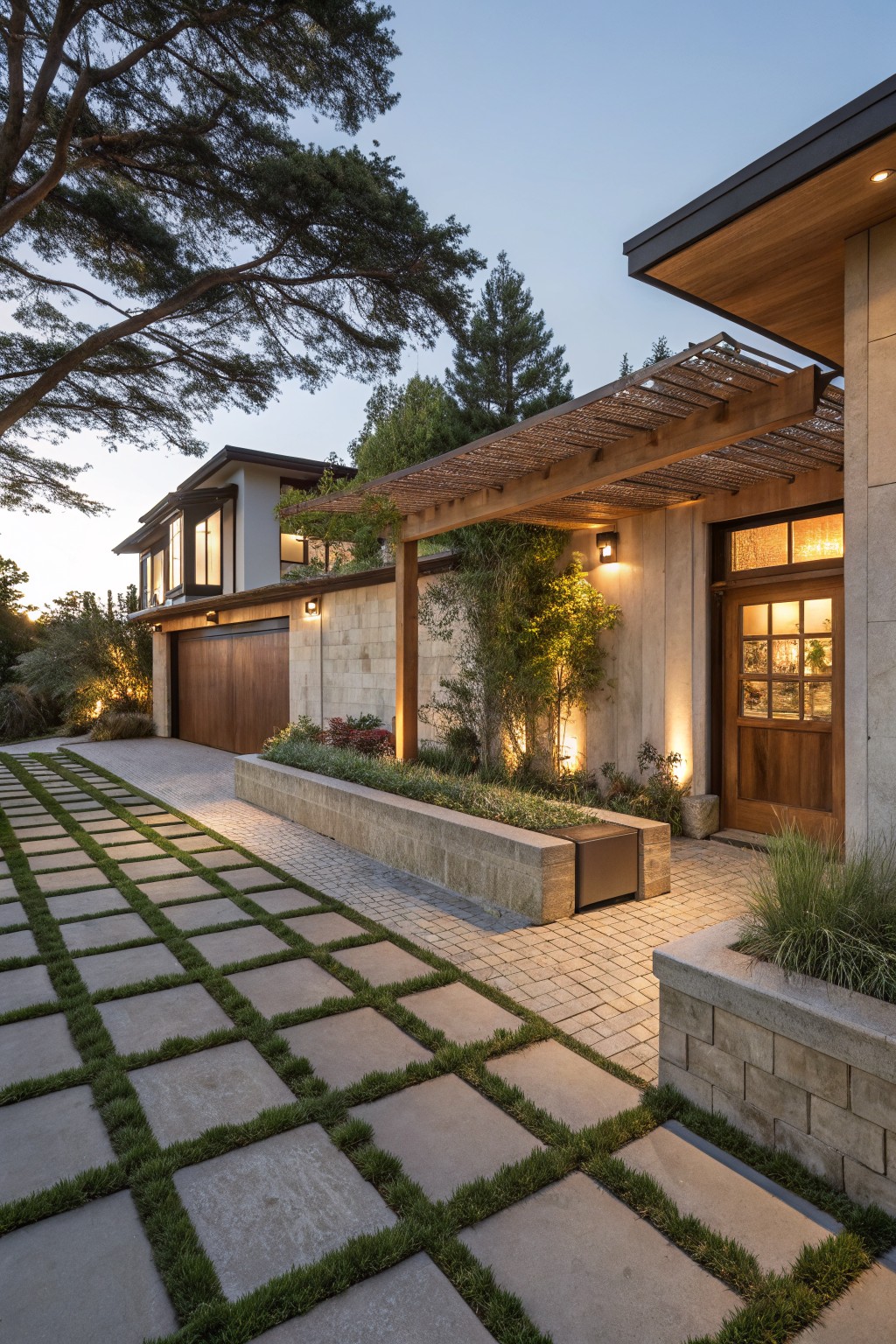 House exterior at dusk showing a driveway pathway of large gray concrete pavers with grass in the joints, leading to a wooden garage door and entry with stone walls, planters, and surrounding trees.