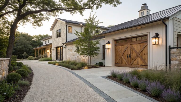 15 Modern Farmhouse Driveway Ideas That Complete The Exterior White board-and-batten garage with wooden X-braced double doors, curved concrete driveway edged by lavender plants, gravel margins, boxwood shrubs, and stone retaining wall, with a second stone barn structure and oak trees in the background at dusk.