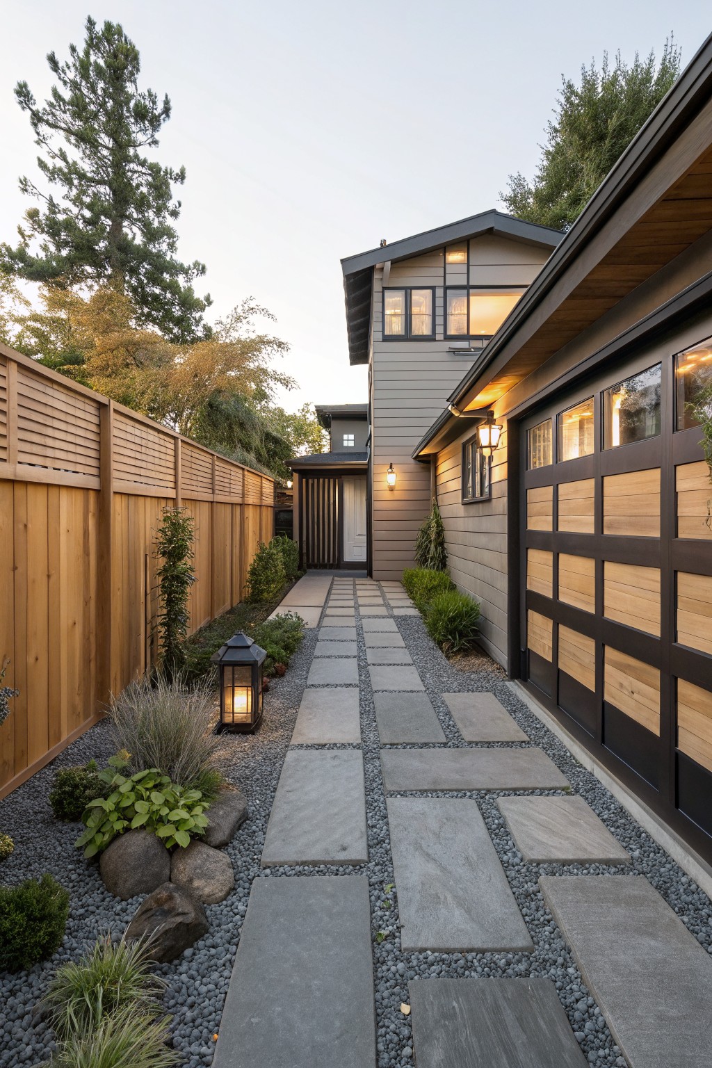 Side pathway of irregularly spaced large gray stone slabs set into gray gravel, bordered by plants, rocks, grasses, and boulders, leading to a modern house garage door with wooden fence on one side.
