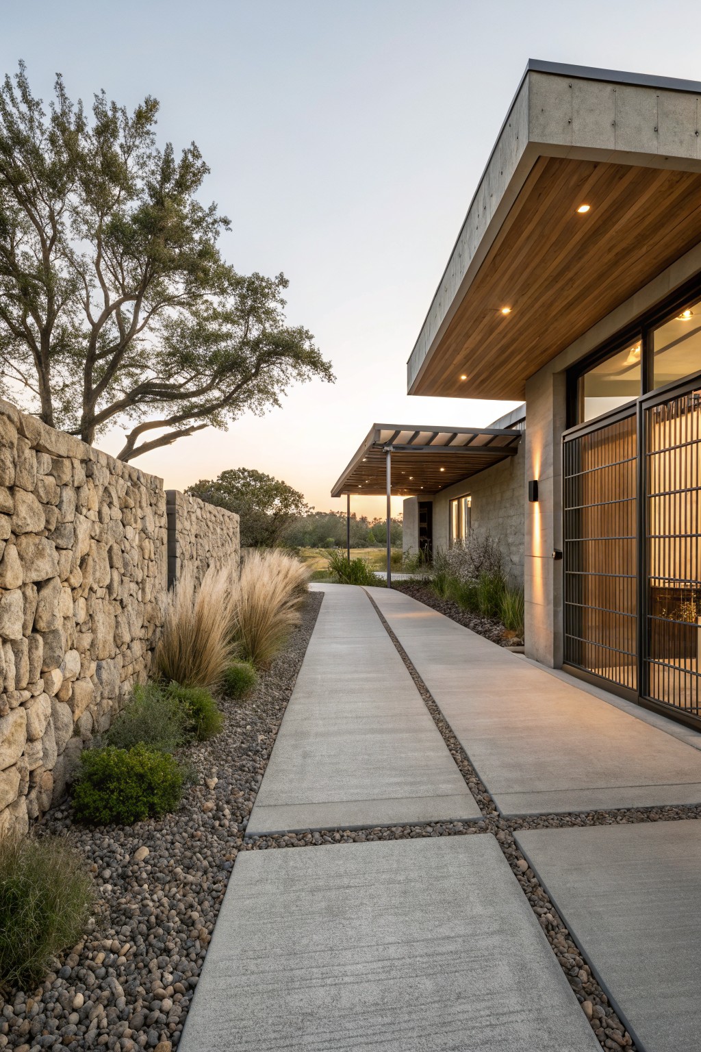 Concrete pathway with gravel borders and low plants along a stone wall leading to a metal-gated entry of a modern house with wood overhang and concrete siding at dusk.