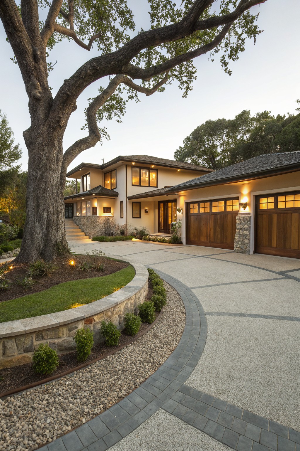 Beige stucco house with wooden garage doors and a curved driveway of light exposed aggregate concrete bordered by dark pavers, gravel strips, and a low stone retaining wall next to a large oak tree at dusk.