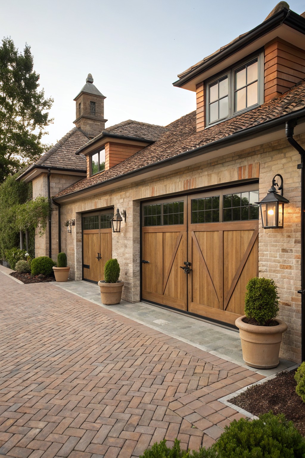 Brick house exterior with wooden garage doors, lantern lights, and a herringbone-patterned brick paver driveway edged in concrete, flanked by terracotta planters with boxwood shrubs.