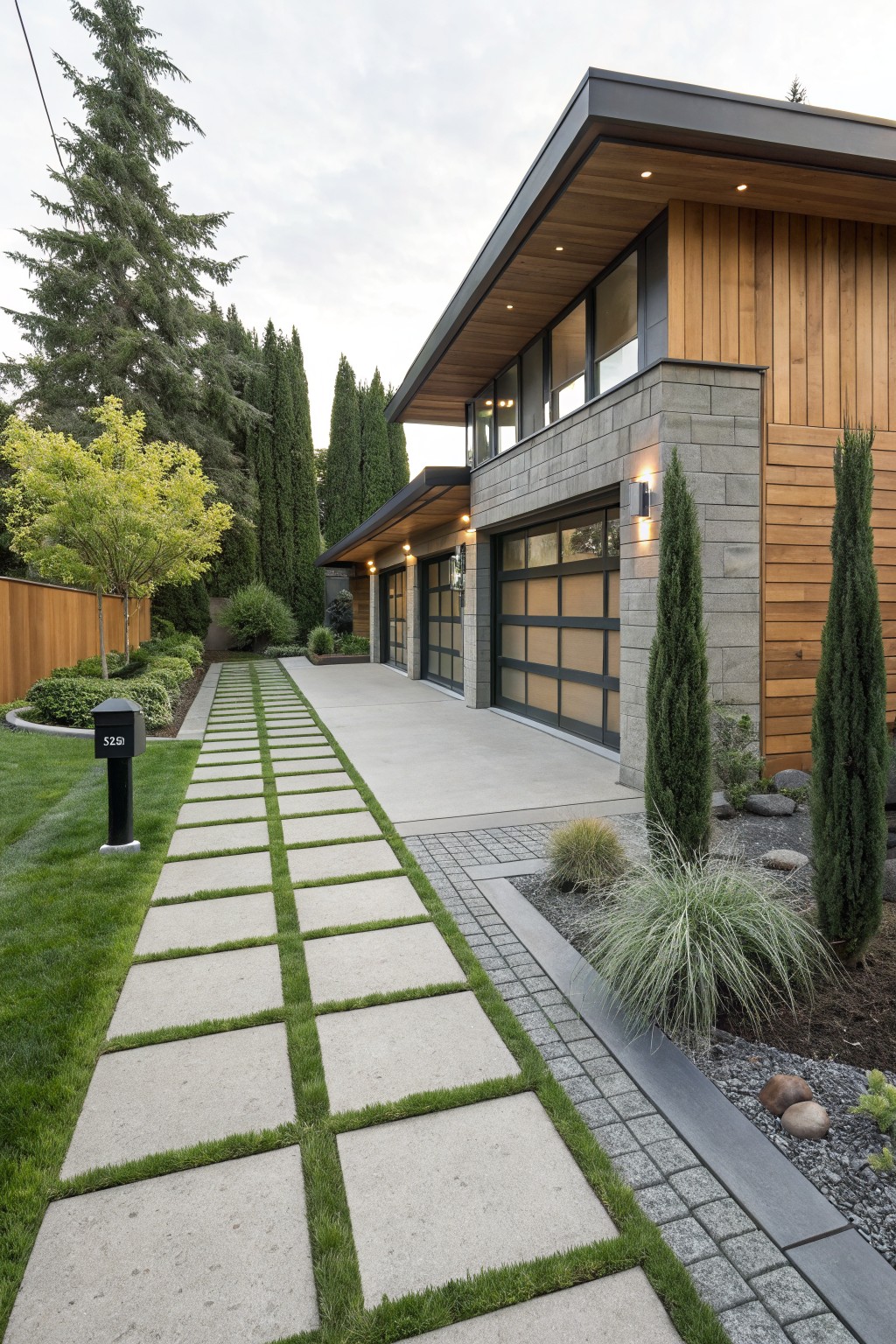 Exterior view of a modern house with wood and stone cladding, featuring a double garage with glass doors, a concrete driveway pad, and a pathway of large square concrete pavers separated by grass strips leading from the lawn, bordered by shrubs and trees.