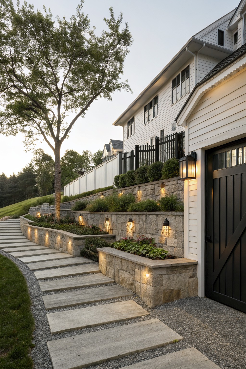 White clapboard house with black garage door on a hillside, curving wide gray stone slab pathway with tiered stone retaining walls planted with greenery and integrated wall lights.