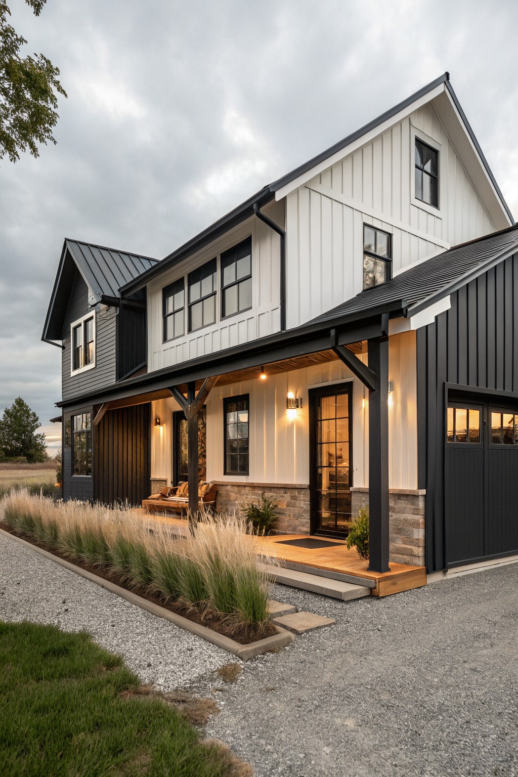 Two-story modern farmhouse exterior with black vertical siding on garage and left side, white board-and-batten siding on right, standing seam metal roof, covered porch with bench seating, glass door entry, and gravel path edged by ornamental grasses.