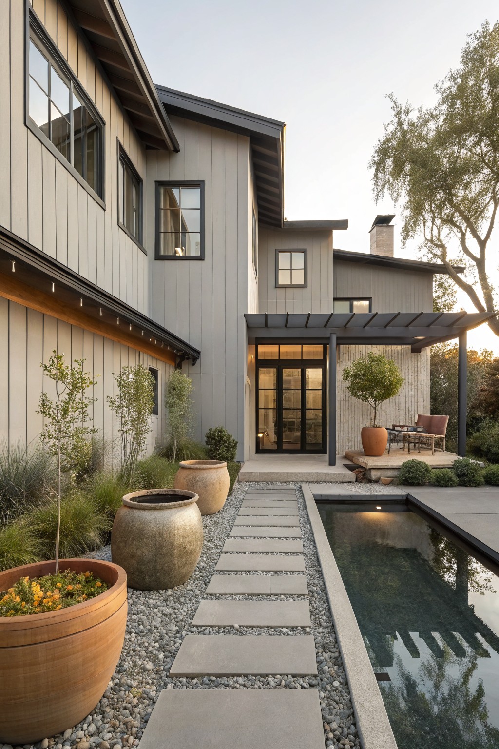 Modern house with stone path, large pots, and rectangular pool at dusk.