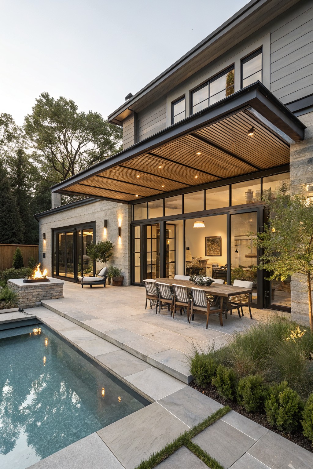 Rear view of a modern gray house with cantilevered patio roof featuring horizontal wood slats, large glass doors opening to a concrete patio with wooden dining table and chairs, lounge chair, stone fire pit, and adjacent rectangular pool edged in pavers and low plants.