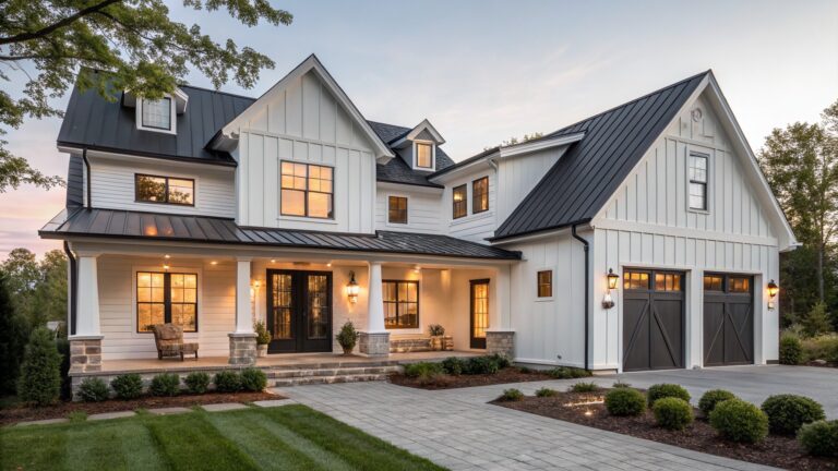 16 Modern Farmhouse Exterior Ideas That Add Instant Charm White board-and-batten farmhouse with black metal roof, dark garage doors, covered front porch with lanterns, stone base, and gravel path with boxwoods in front yard at sunset.
