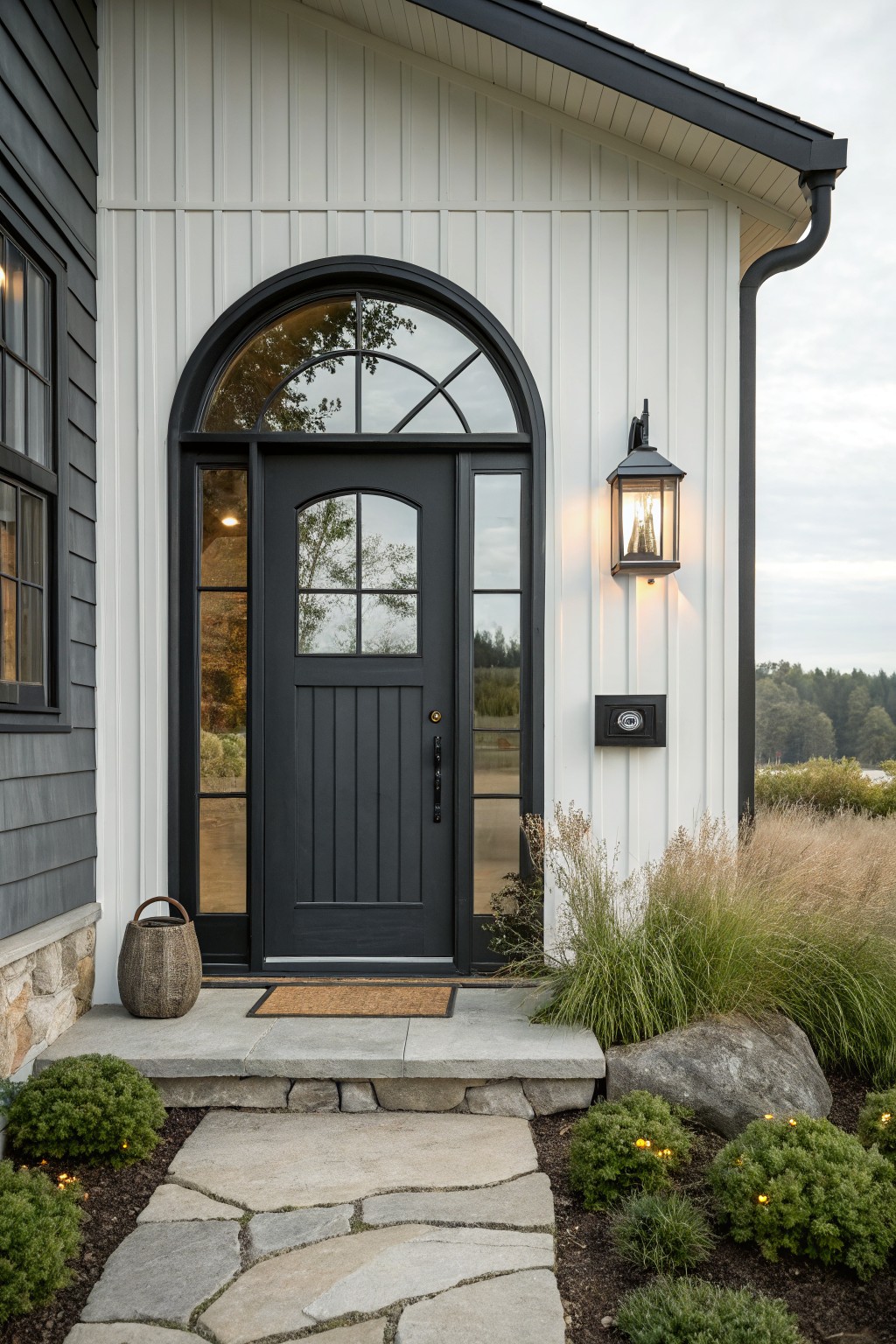 Close-up view of a modern farmhouse house exterior entry with dark gray paneled front door featuring sidelights and arched transom window above, black-framed multipane windows, white vertical board-and-batten siding, lantern wall light, stone steps and path, potted basket, doormat, and surrounding grasses and shrubs.