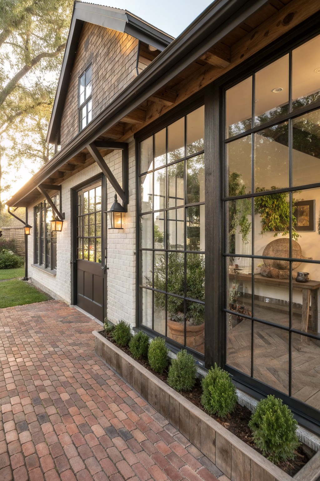 Side exterior of a white brick building with large black metal-framed grid windows, dark wood door, exposed wooden beams, brick paver pathway, planter box with shrubs, and wall lanterns.