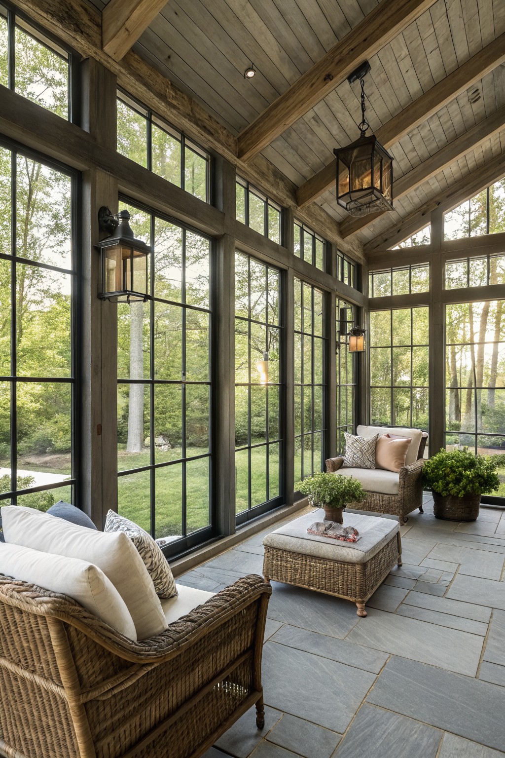 Interior view of a sunroom with exposed wood beam ceiling, hanging lanterns, wicker armchairs and ottoman on gray slate tile floor, large black metal-framed grid windows overlooking lawn, trees, and plants.