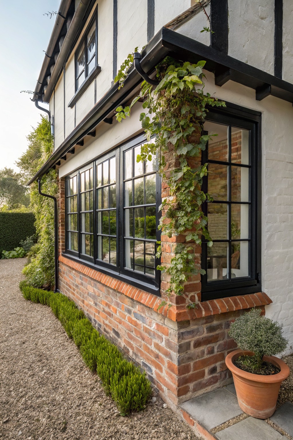 Side view of a white half-timbered house with large black-framed grid windows on the corner, ivy growing up the brick base, boxwood hedges along the gravel path, and a terracotta pot nearby.