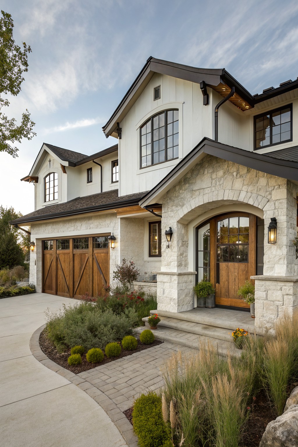 Front view of a two-story modern farmhouse house with white board-and-batten siding, beige stone arched entryway with glass and wood double doors, brown wood garage doors with windows, large black-framed multipane windows, dark roof, and landscaped front yard with grasses shrubs and stone accents.