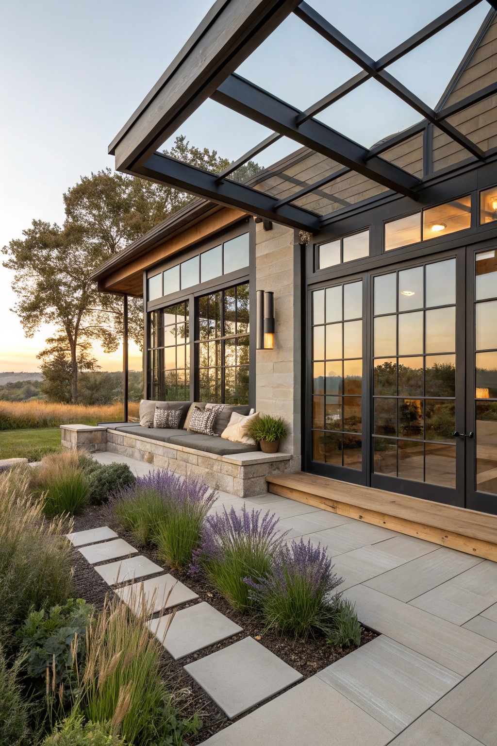 Side exterior of modern farmhouse with black metal-framed multi-pane windows and doors under a glass-roofed overhang, stone bench seating on paver patio edged with grasses and lavender plants, pathway leading to it amid trees at dusk.