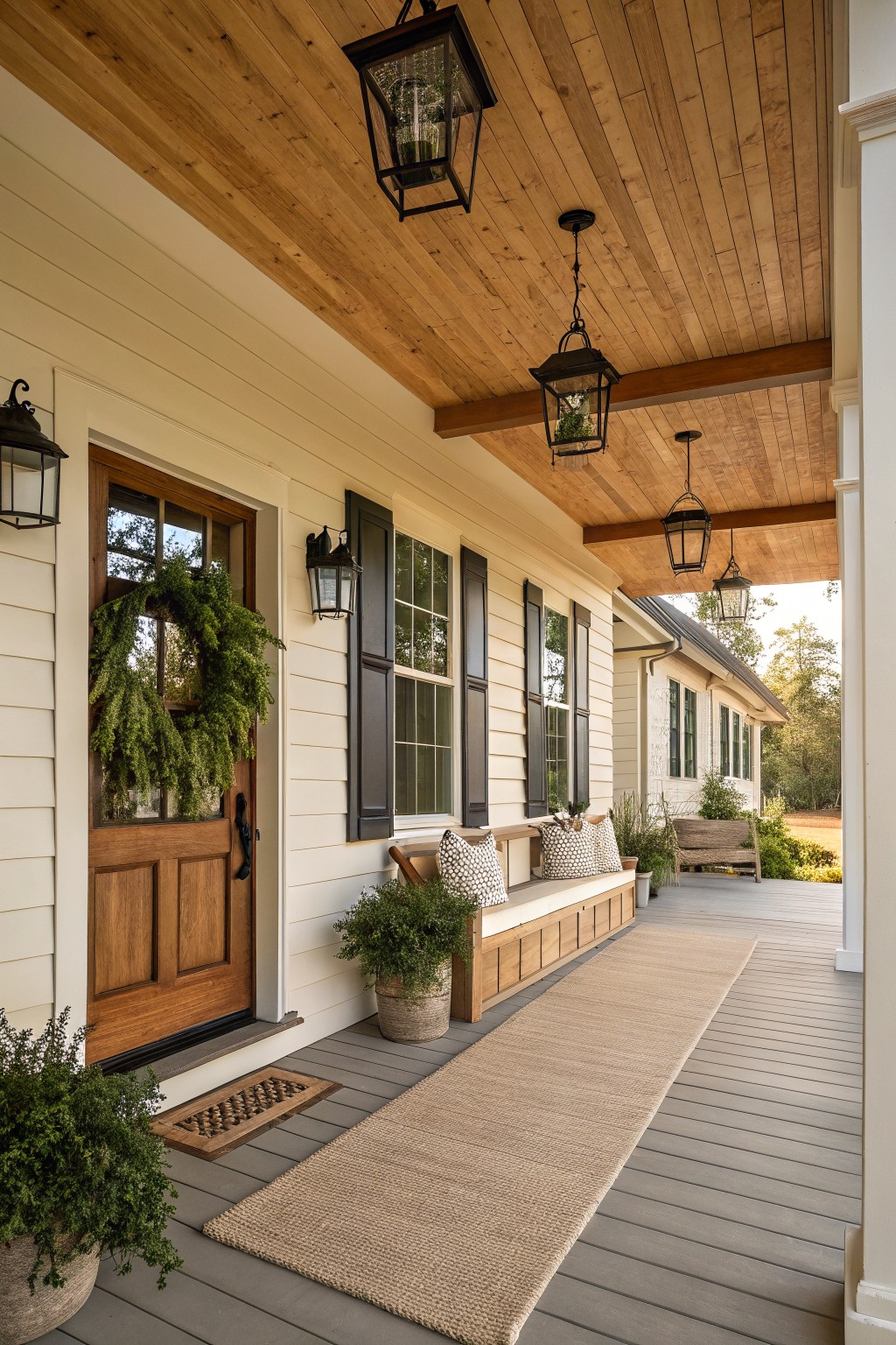 Front porch of a modern farmhouse home featuring creamy board-and-batten siding, black louvered shutters on multipaned windows, wooden entry door with green wreath, hanging black lanterns from wooden ceiling, built-in wooden bench with cushions, potted plants, and beige runner rug on gray decking.