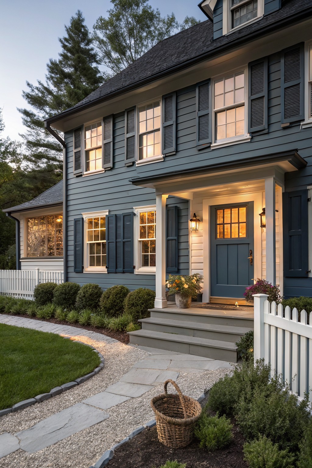Two-story house exterior in navy blue clapboard siding with black louvered shutters on multi-pane windows, white trim, covered entry porch with dark blue door, potted plants, and stone pathway edged by white picket fence at dusk.