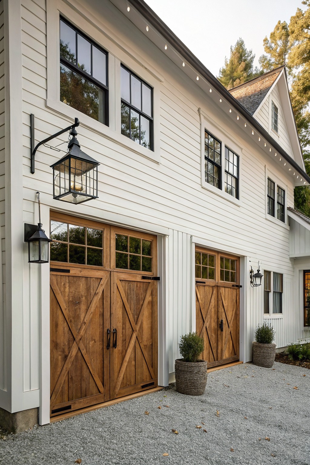 White clapboard modern farmhouse exterior with two tall dark wooden garage doors featuring X-bracing, glass panels, black hardware, flanked by black lanterns and potted shrubs on gravel driveway.