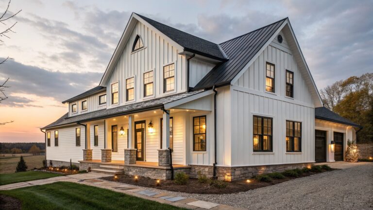 17 Modern Farmhouse Exterior Window Ideas That Define The Style Modern farmhouse house exterior with white board-and-batten siding, black-framed grid windows, black metal roof, covered entry porch with stone pillars and glass doors, stone steps, and gravel-edged pathway with shrubs.