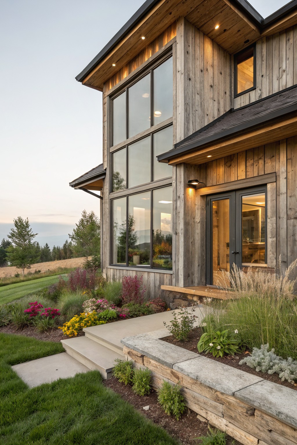 Side view of a modern farmhouse exterior with tall black-framed floor-to-ceiling windows, reclaimed wood siding, a small entry deck with concrete steps, stone retaining wall, and landscaped plantings.