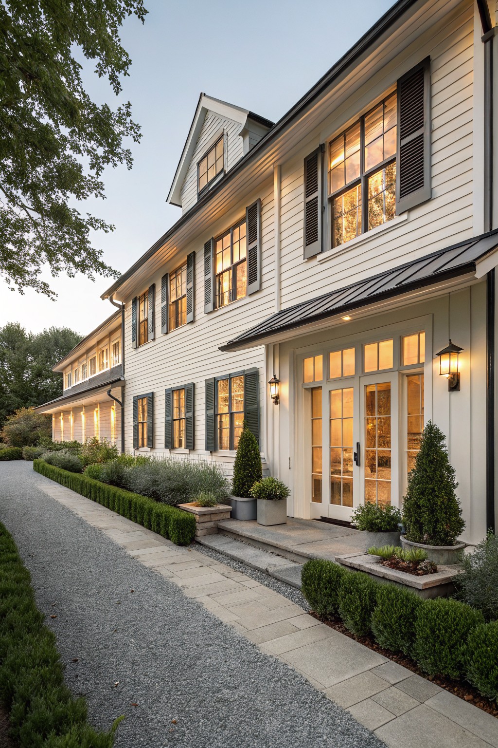 Side exterior of a two-story white clapboard house with black shutters on large multi-pane windows, French doors at the entry, boxwood shrubs lining a gravel and paver pathway, and landscape lighting.