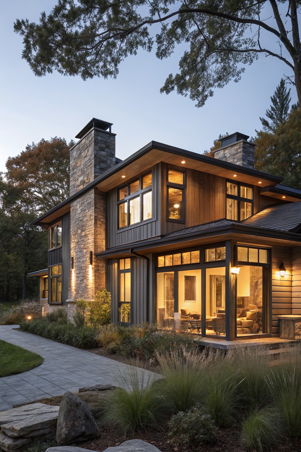 Modern two-story house exterior at dusk with tall gray stone chimneys, dark wood siding, large windows, metal roof accents, pathway lights, and native landscaping.