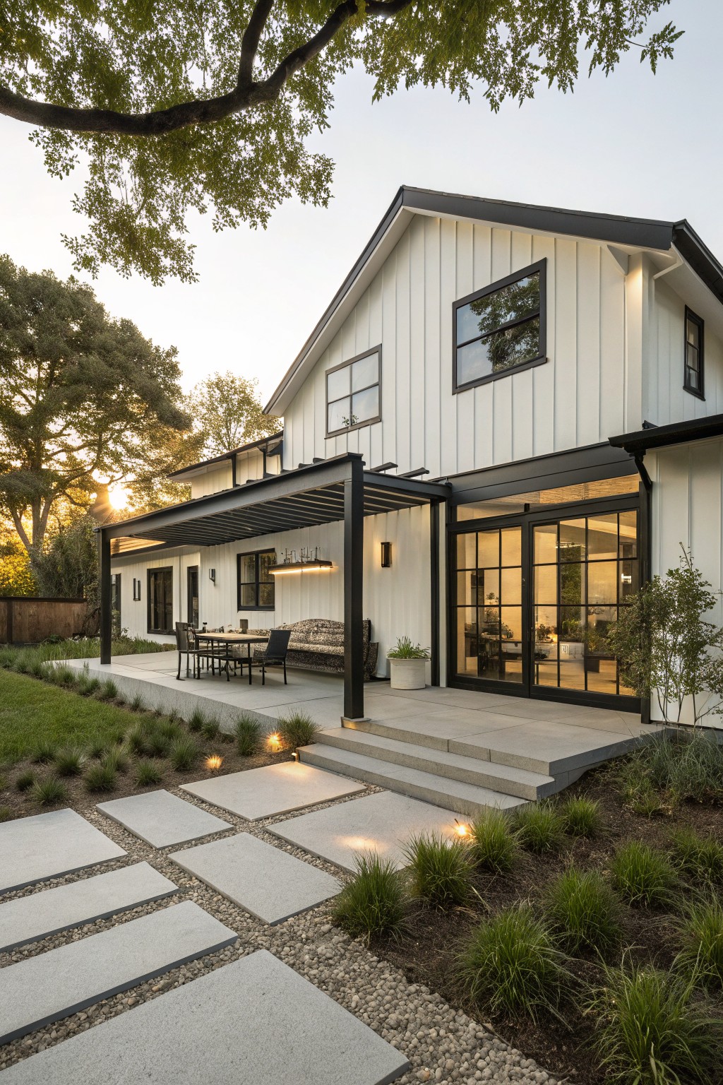 White shiplap farmhouse exterior with black window frames and trim, black metal pergola covering concrete patio with dining table and chairs, glass doors, steps, and gravel-edged landscaping at sunset.