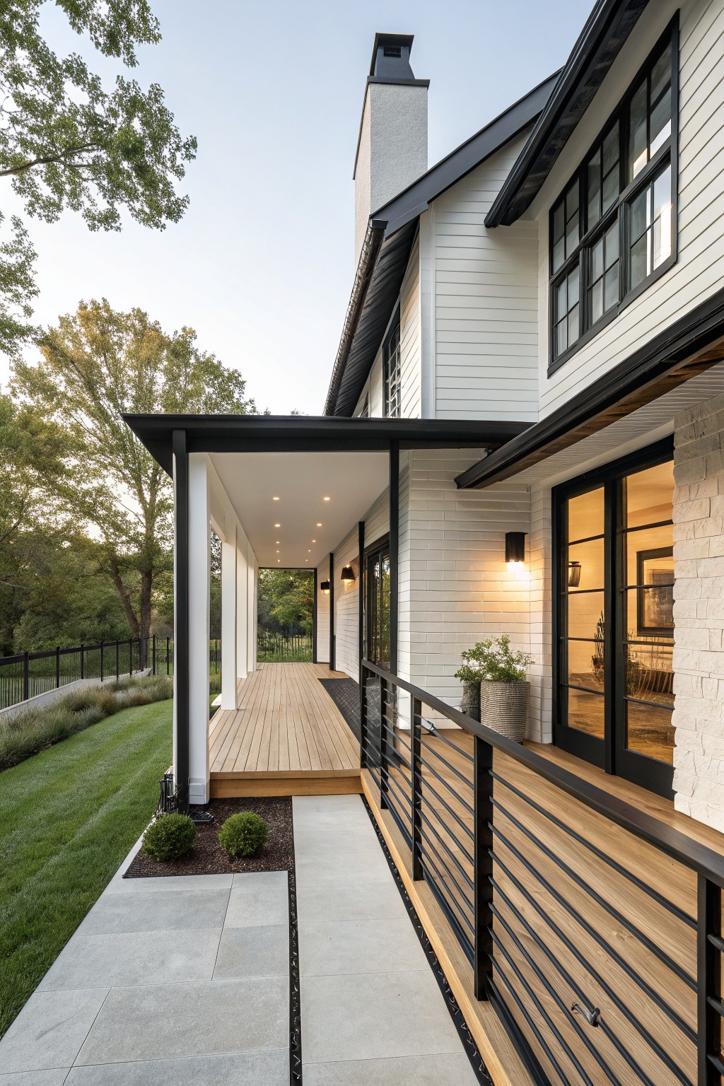Side exterior view of a two-story modern farmhouse with white shiplap siding, black-trimmed roof and windows, covered porch with black posts and railing, wood deck, and adjacent lawn with plantings.