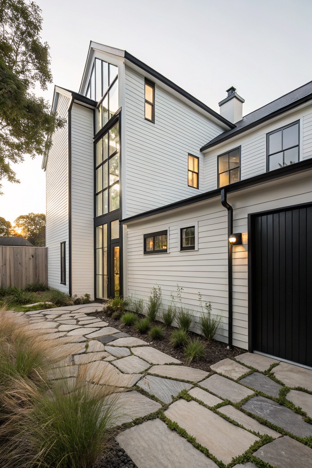 Side view of a two-story modern farmhouse with white shiplap siding, tall vertical black-framed glass wall, black garage door, small windows, downspout, and irregular stone paver pathway edged with grasses.