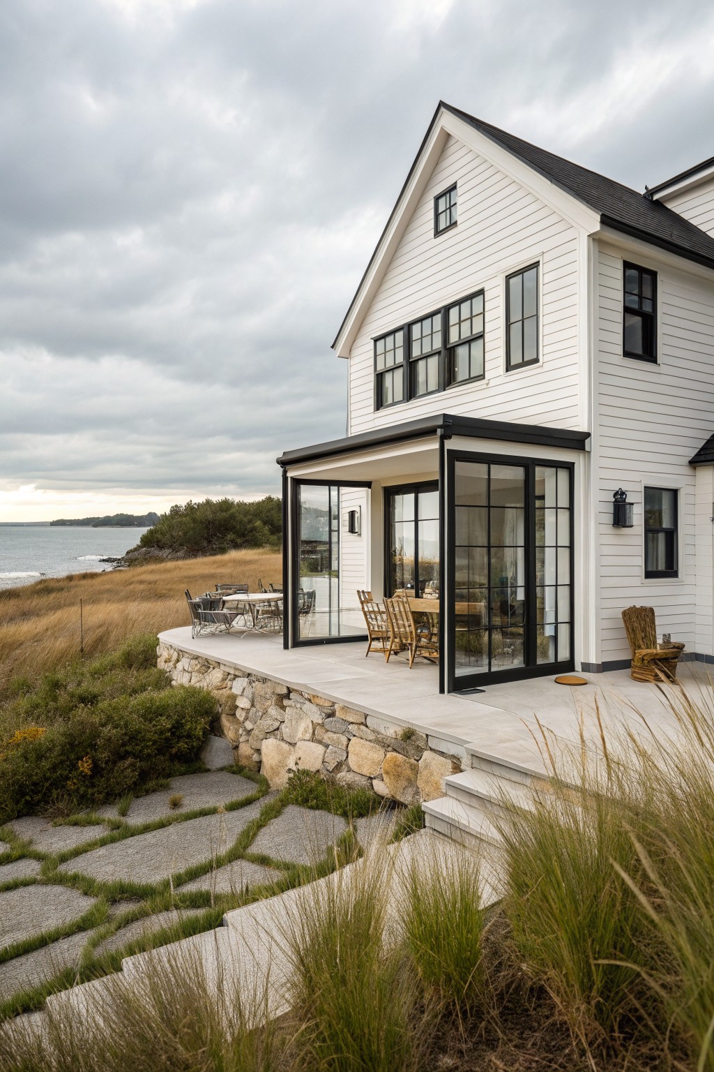 White two-story clapboard house with black window frames and a black-trimmed enclosed glass porch on a concrete terrace, overlooking the ocean with stone retaining walls, grasses, and a stone path in the foreground.