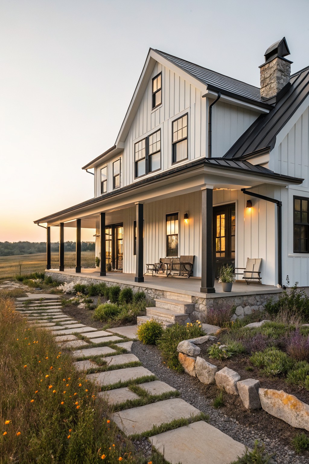 White modern farmhouse with black trim on windows and porch columns, black metal roof, wraparound porch, stone steps, and gravel path edged by plants at dusk.