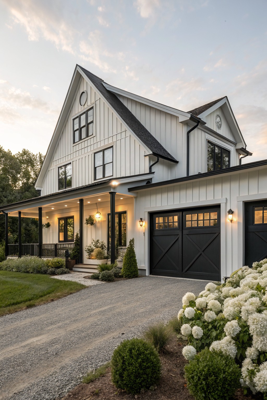 A modern farmhouse house exterior with white vertical board-and-batten siding, black-framed windows and garage doors, a covered front porch with black posts, and hydrangea plantings along a gravel driveway at dusk.