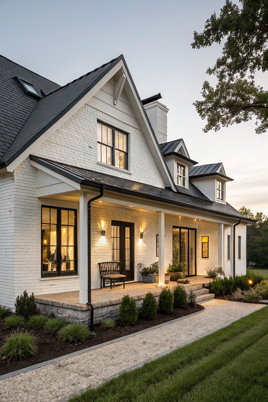 Two-story modern farmhouse exterior with white brick walls, black standing-seam metal gable roof, black-framed windows and doors, covered front porch with black lanterns and bench, boxwood shrubs, gravel path, and lawn.