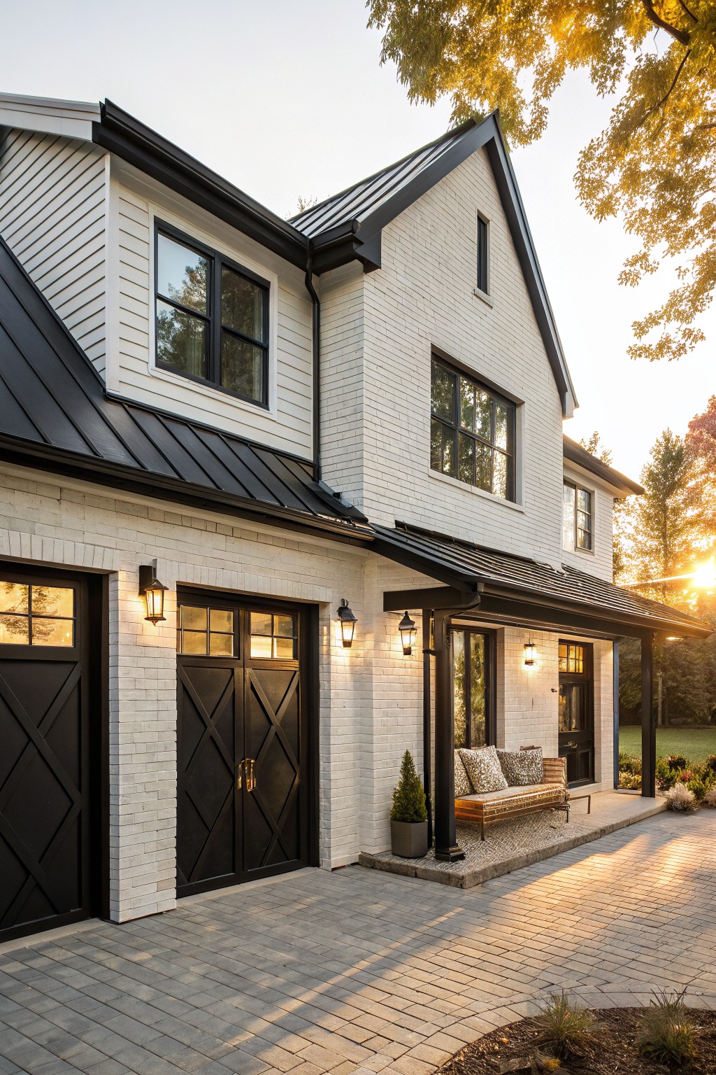 Two-story modern farmhouse exterior with white brick lower walls, white shiplap siding above, black standing seam metal roof, black-framed windows and doors, double black X-pattern garage doors, covered porch with bench and lanterns, paver driveway and simple landscaping at sunset with fall trees.