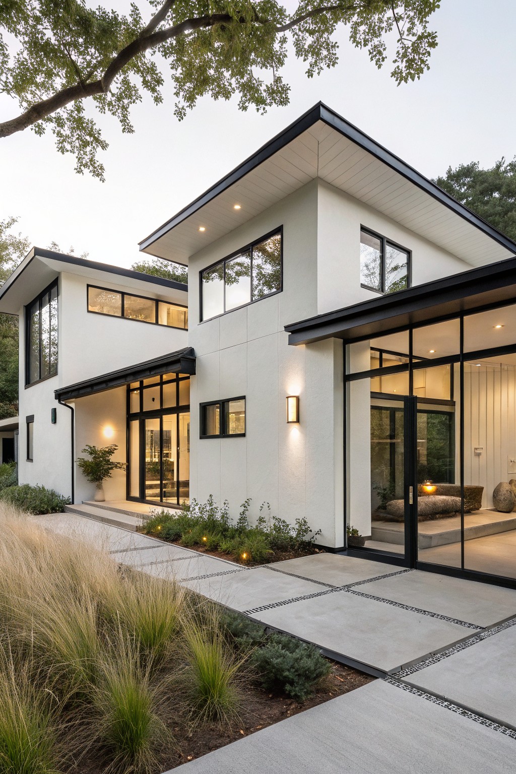 A two-story modern white house with black trim on windows, rooflines, and doors, featuring large glass panels, a concrete pathway with pebble inlays, and ornamental grasses in the front yard.