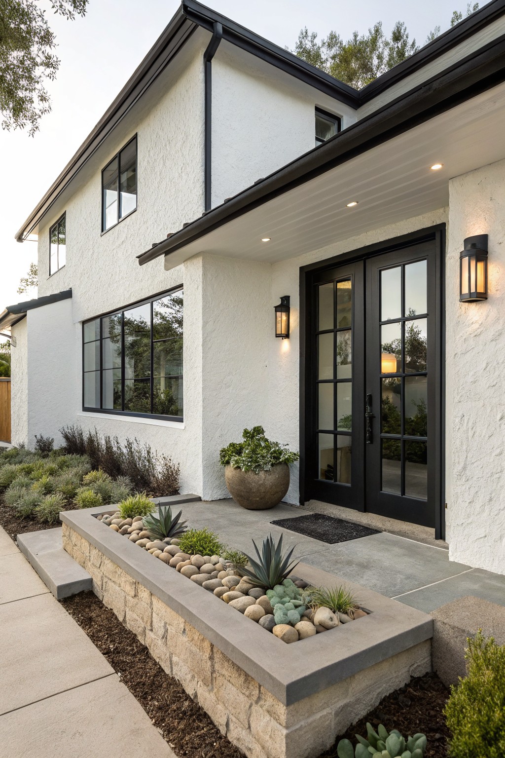 Side exterior of a two-story white stucco house with black metal-framed windows, double glass entry doors, lantern lights, and low succulent plants in a stone retaining wall planter by the concrete steps.