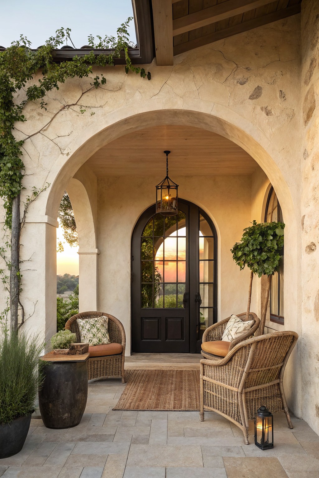 Beige stuccoed arched front porch entry with dark wood double door featuring glass panels, two rattan armchairs with cushions around a black drum table, potted plants and lanterns on gray stone tile floor at sunset.