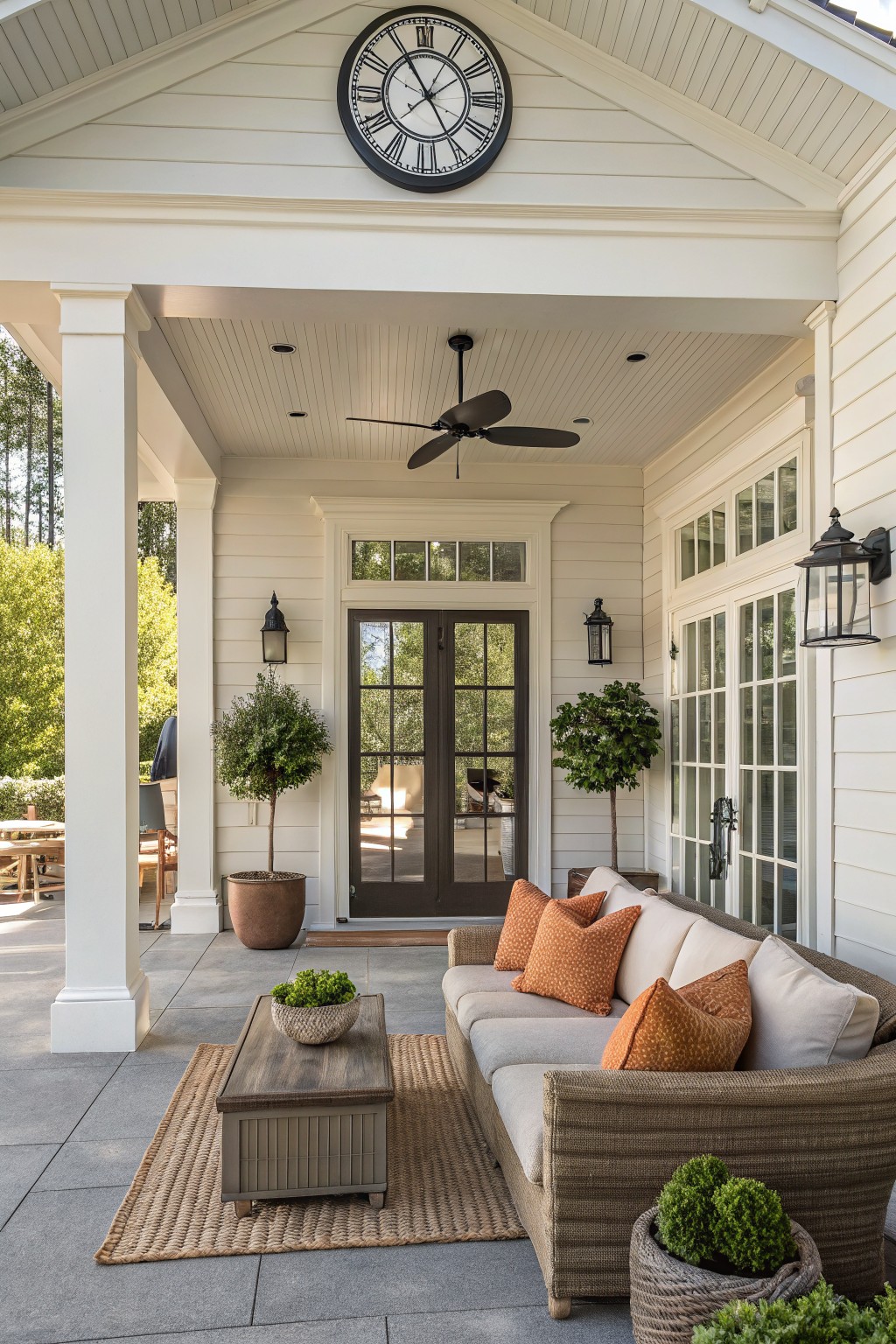 White clapboard covered porch with wicker sofa accented by orange pillows, wooden coffee table on seagrass rug, potted plants, ceiling fan, wall clock, lanterns, and glass French doors.