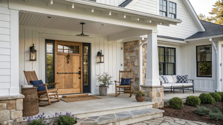 White modern farmhouse house with covered front porch, double wooden barn-style doors with glass windows and black hardware, two wooden rocking chairs, lanterns on each side, stone steps, and potted plants.