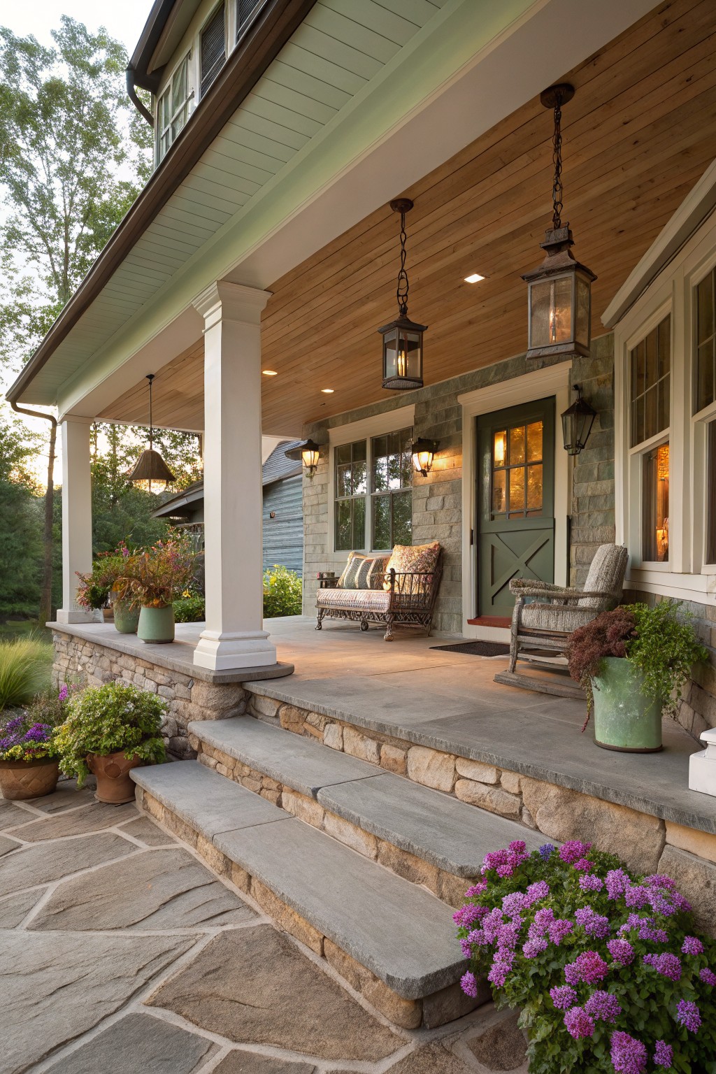 A covered front porch on a stone house features white columns, a wood-beamed ceiling with hanging lanterns, a green barn-style door, wicker rocking chairs and bench with pillows, numerous potted plants, stone steps, and flagstone path amid trees at dusk.