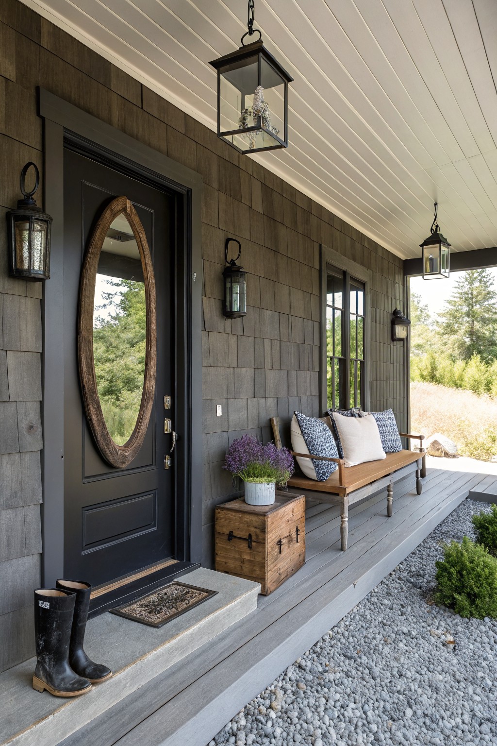 Front porch of a shingle-clad house with a black door featuring an oval reclaimed wood mirror, flanked by black lanterns, a wooden bench with blue and white cushions and potted lavender plants beside a wooden crate, black rubber boots on the step, and gravel ground with small shrubs.