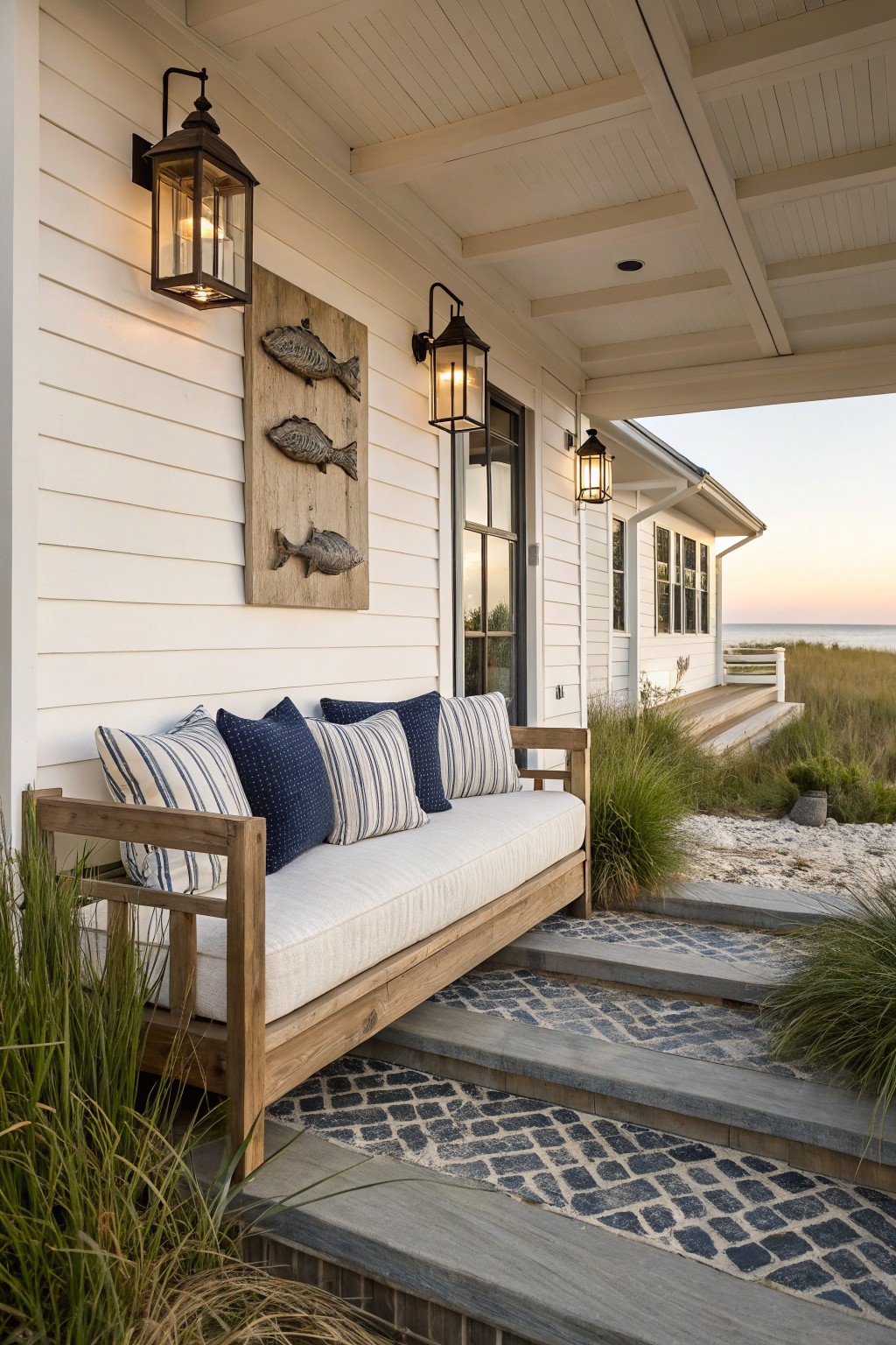 White clapboard porch with wooden bench piled with blue and white pillows, wall lanterns, wood fish art, steps with pebble pattern leading to dune grass and ocean view.