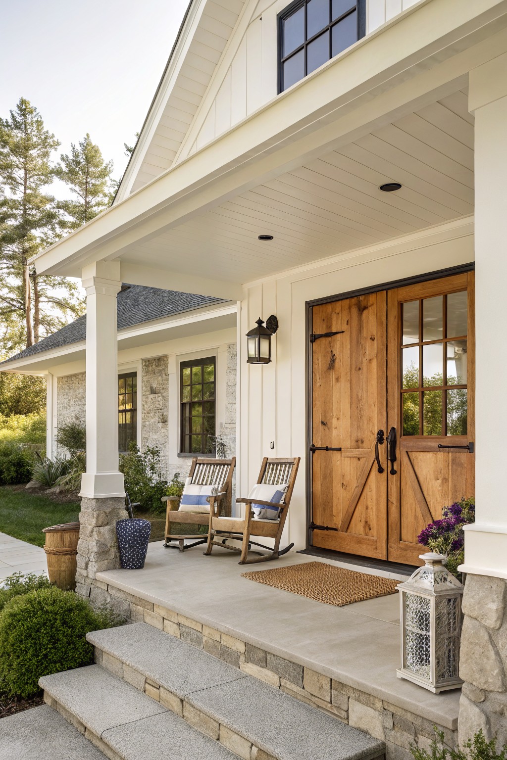 White modern farmhouse house with covered front porch, double wooden barn-style doors with glass windows and black hardware, two wooden rocking chairs, lanterns on each side, stone steps, and potted plants.